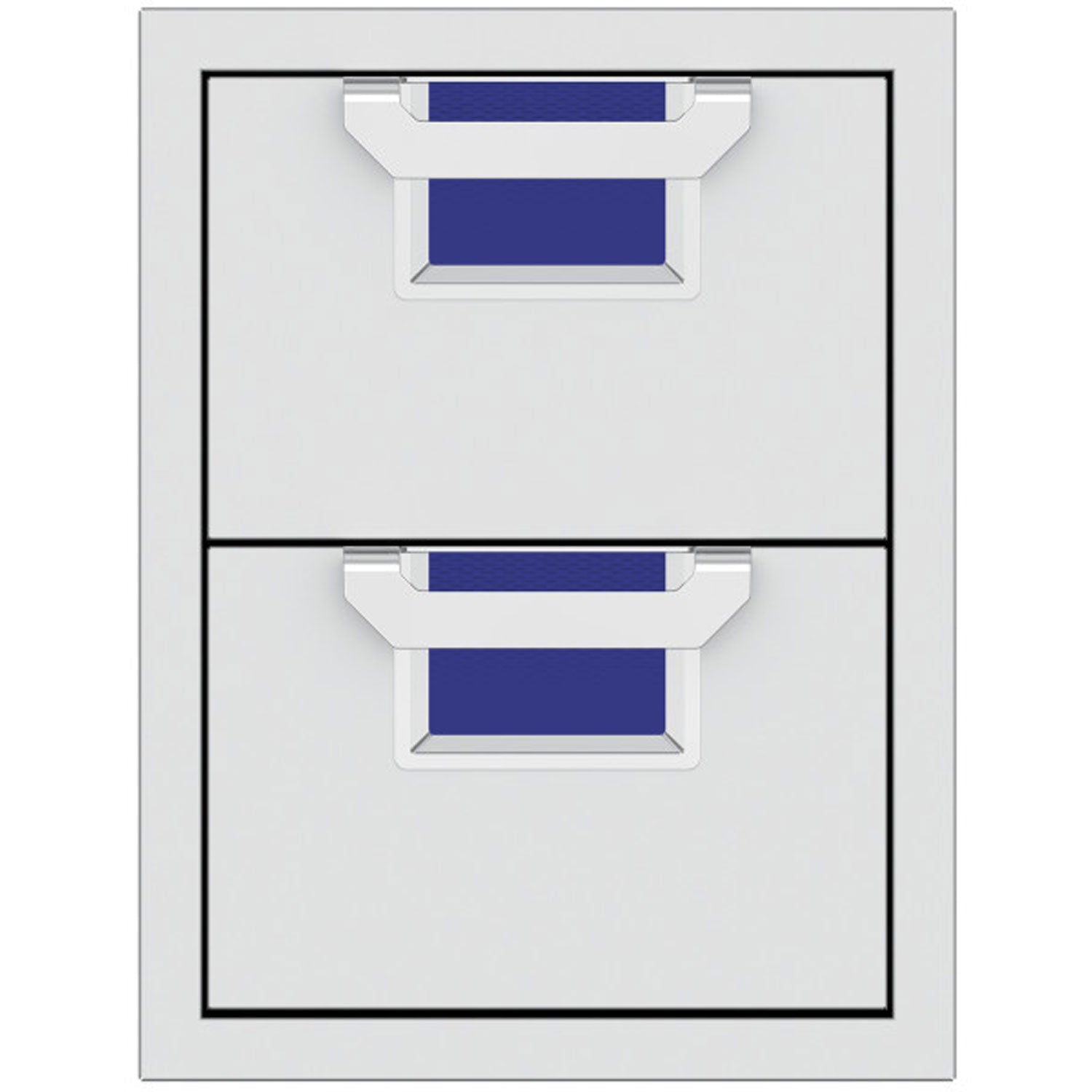 Double storage drawer unit with two closed drawers and textured blue pull-out trays inside.