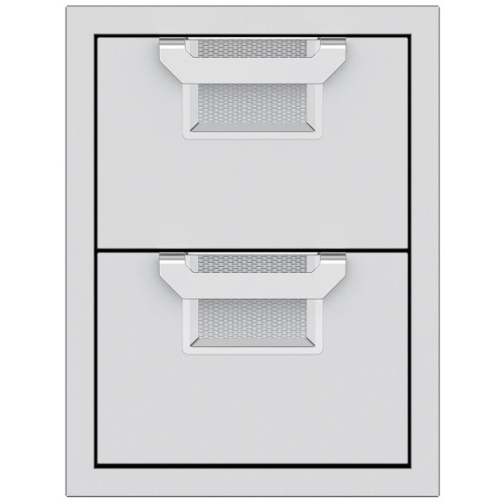 Double storage drawer unit with two closed drawers and textured gray pull-out trays inside.