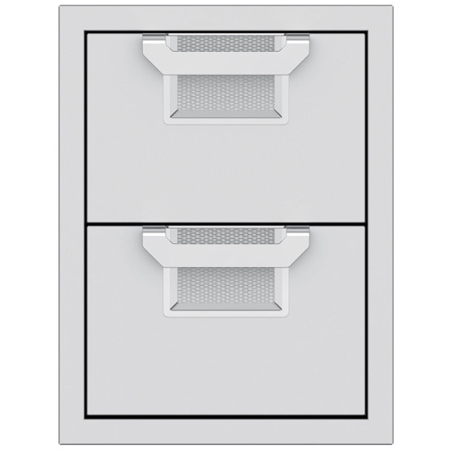 Double storage drawer unit with two closed drawers and textured gray pull-out trays inside.