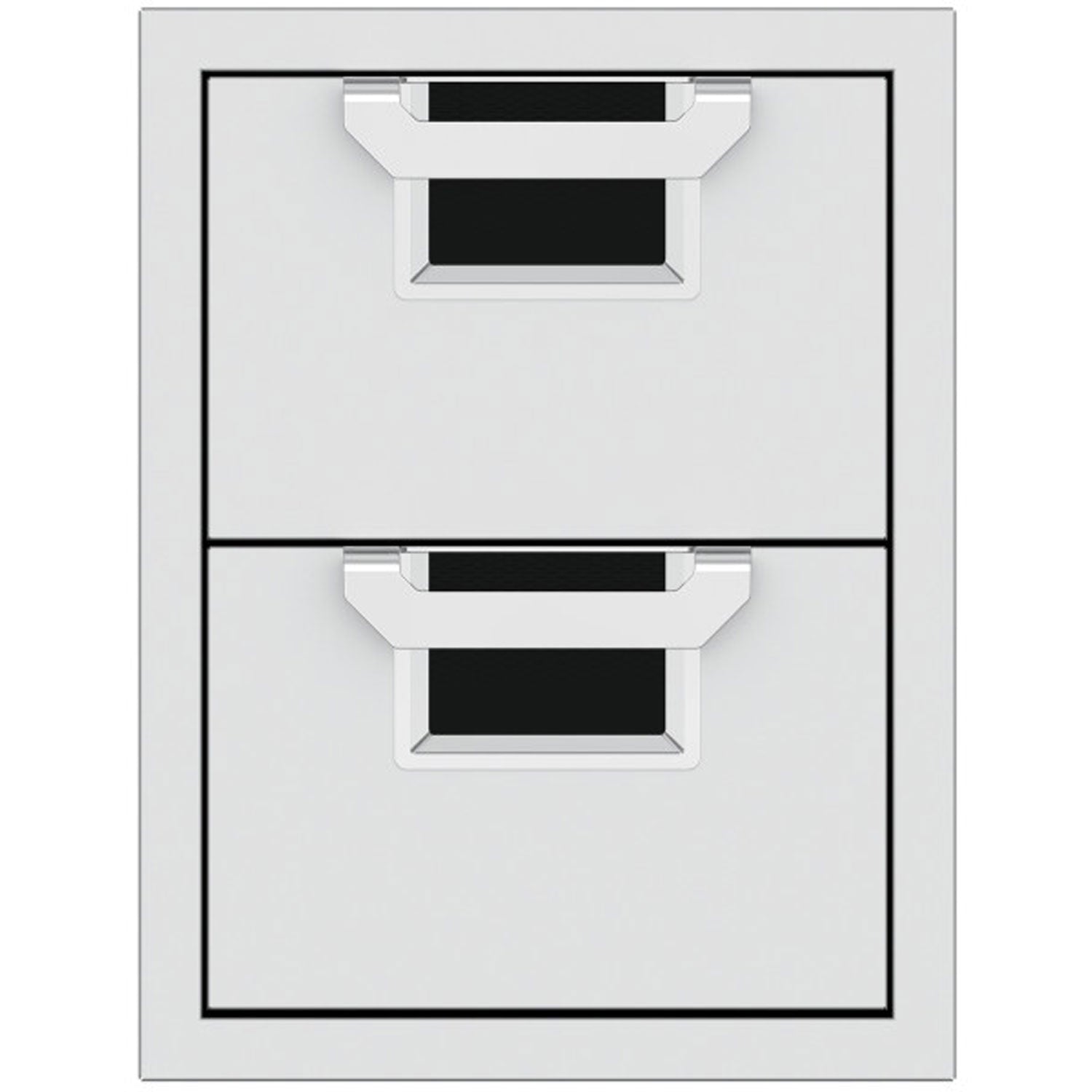 Double storage drawer unit with two closed drawers and textured black pull-out trays inside.