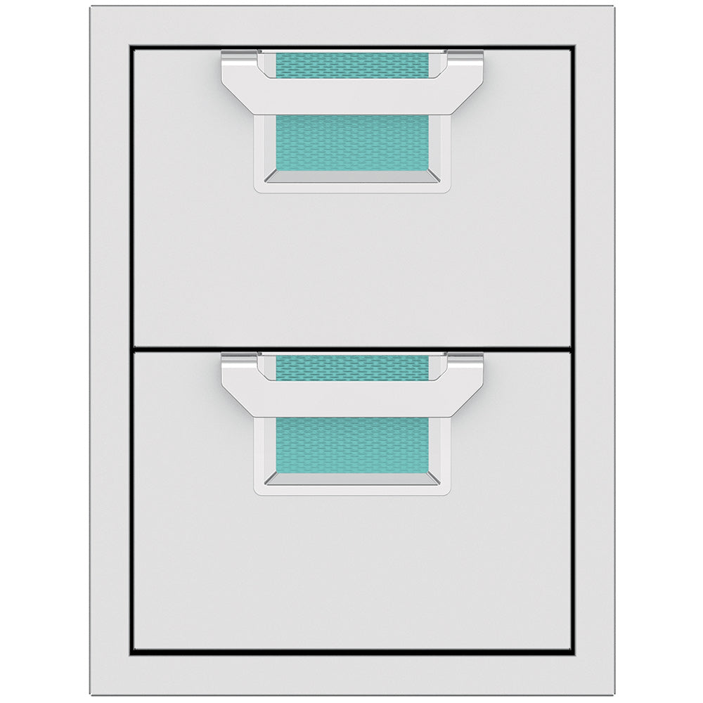 Double storage drawer unit with two closed drawers and textured teal pull-out trays inside.