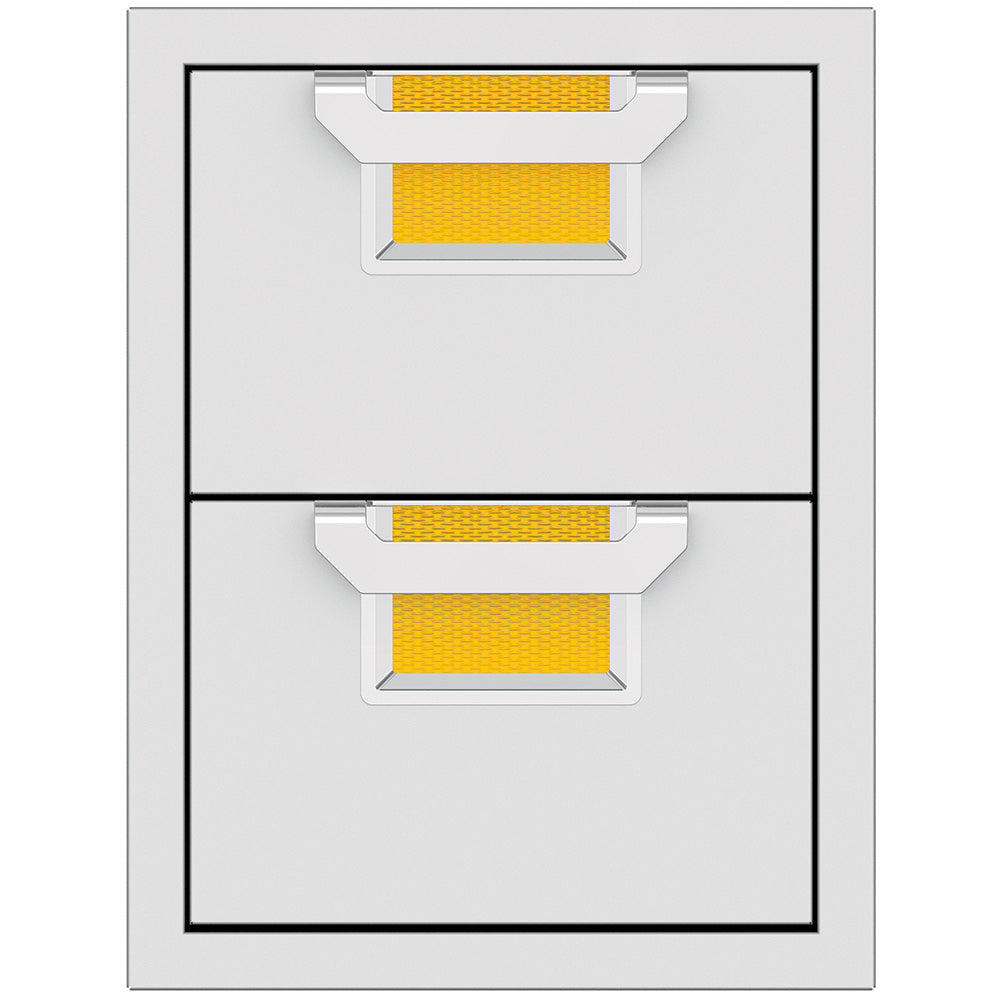Aspire by Hestan double storage drawers, two stacked drawers with metal handles and yellow inserts