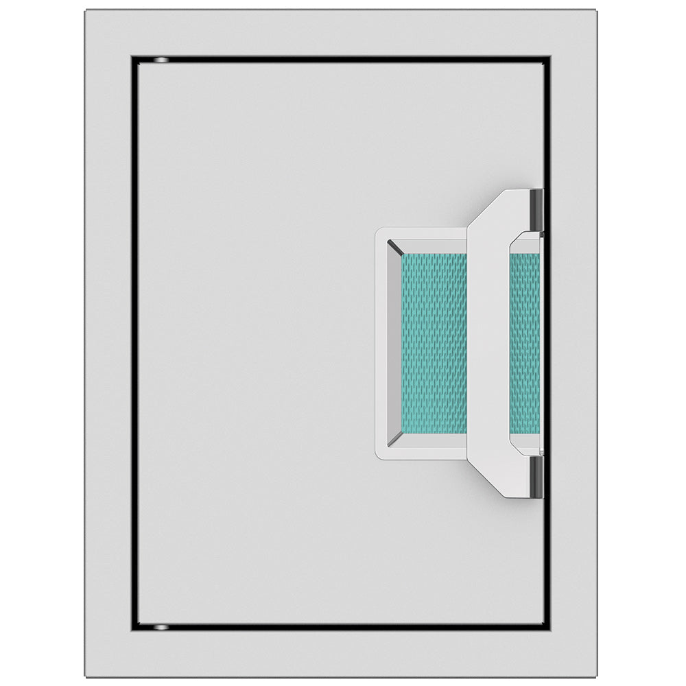 Paper towel dispenser with teal paper towels in wall-mount opening