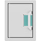 Paper towel dispenser with teal paper towels in wall-mount opening