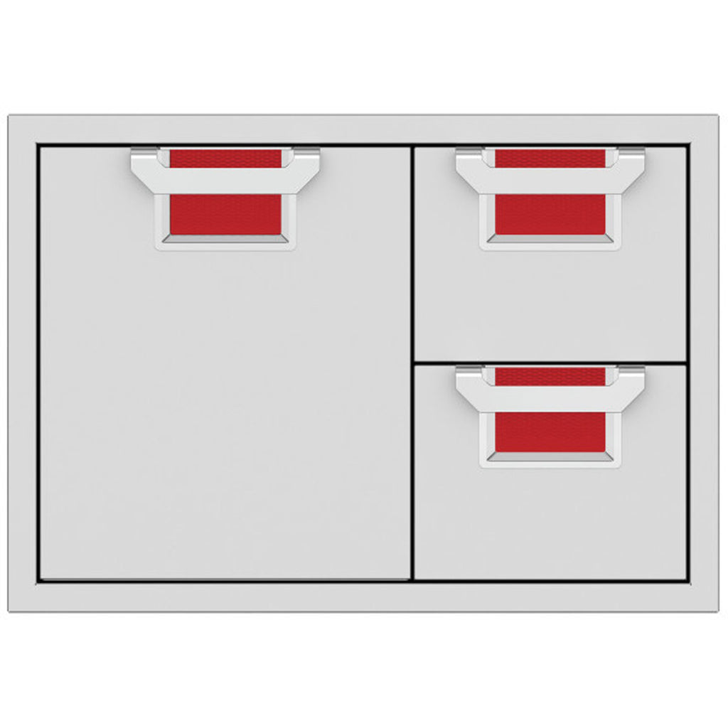 Double drawer storage cabinet with three pull-out mesh trays and red inserts