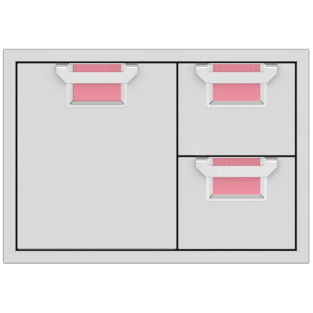 Double drawer storage cabinet with three pull-out mesh trays and pink red inserts