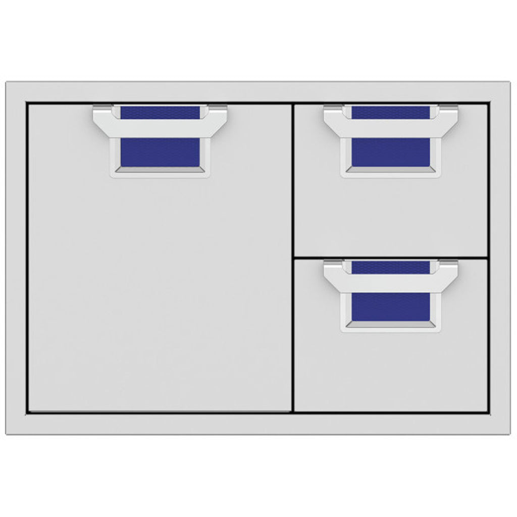 Double drawer storage cabinet with three pull-out mesh trays and dark blue inserts