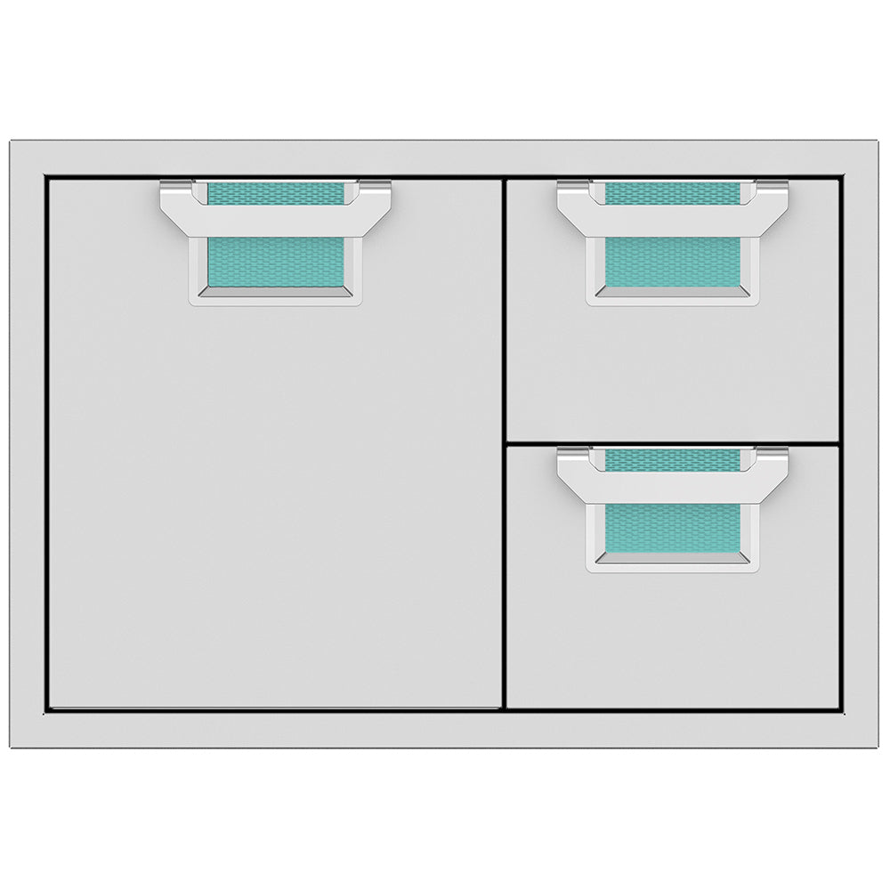 Double drawer storage cabinet with three pull-out mesh trays and teal inserts