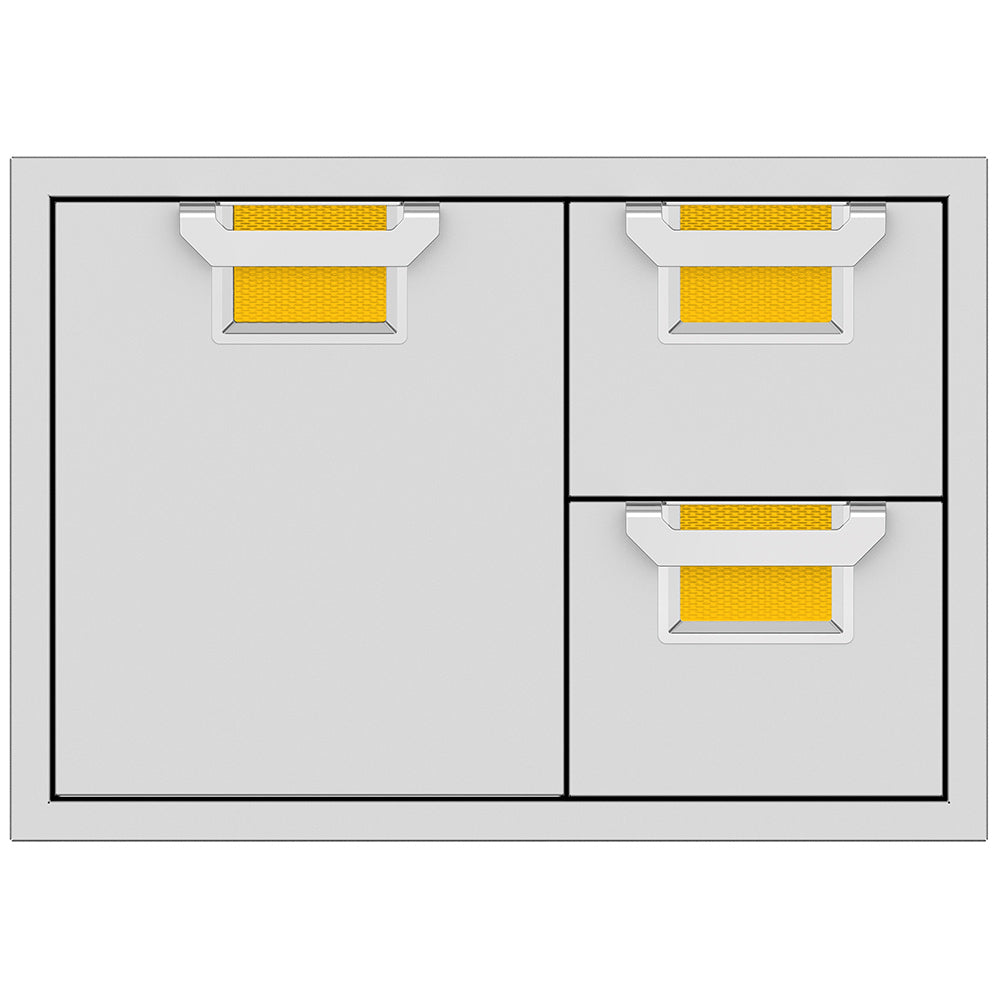 Double drawer and storage door combo, 30-inch stainless steel with one door and two drawers.