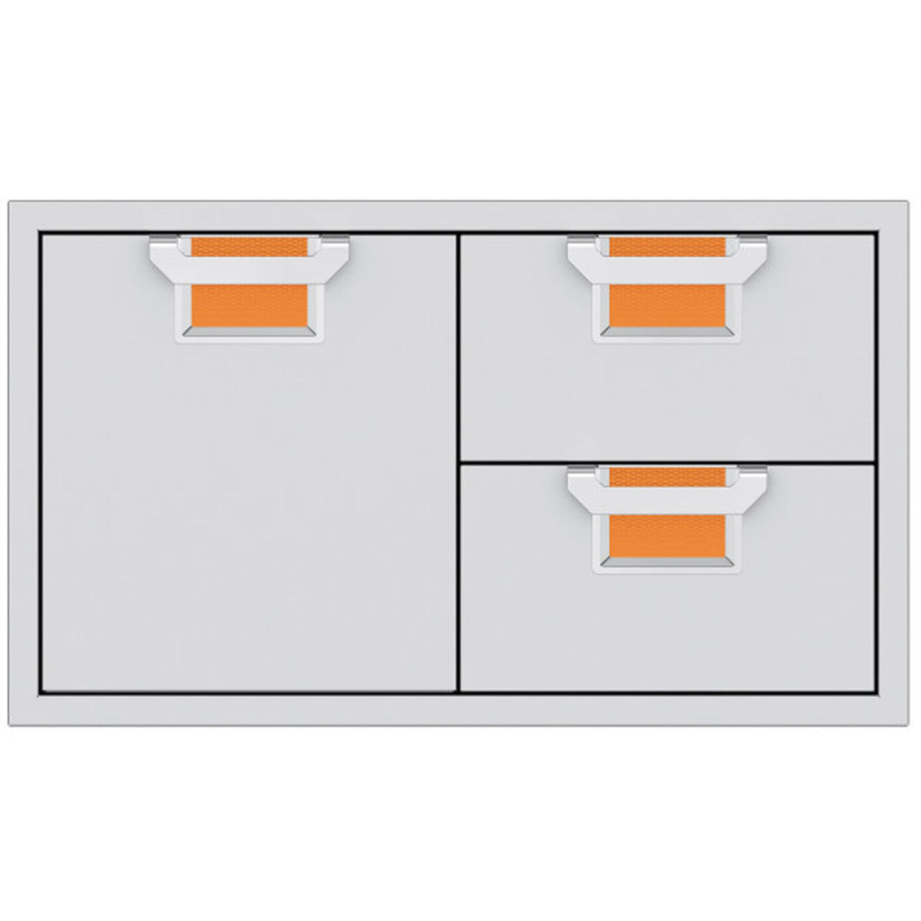 Storage drawer unit with cabinet door and two drawers, orange interiors and silver pulls