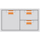 Storage drawer unit with cabinet door and two drawers, orange interiors and silver pulls