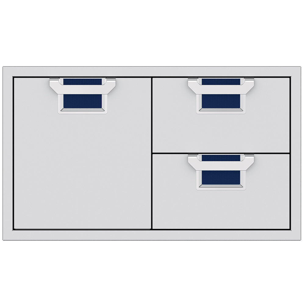 Storage drawer unit with cabinet door and two drawers, navy interiors and silver pulls