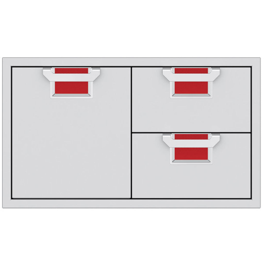 Storage drawer unit with cabinet door and two drawers, red interiors and silver pulls