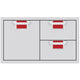 Storage drawer unit with cabinet door and two drawers, red interiors and silver pulls