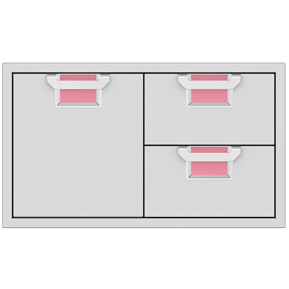 Storage drawer unit with cabinet door and two drawers, pink interiors and silver pulls