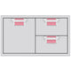 Storage drawer unit with cabinet door and two drawers, pink interiors and silver pulls