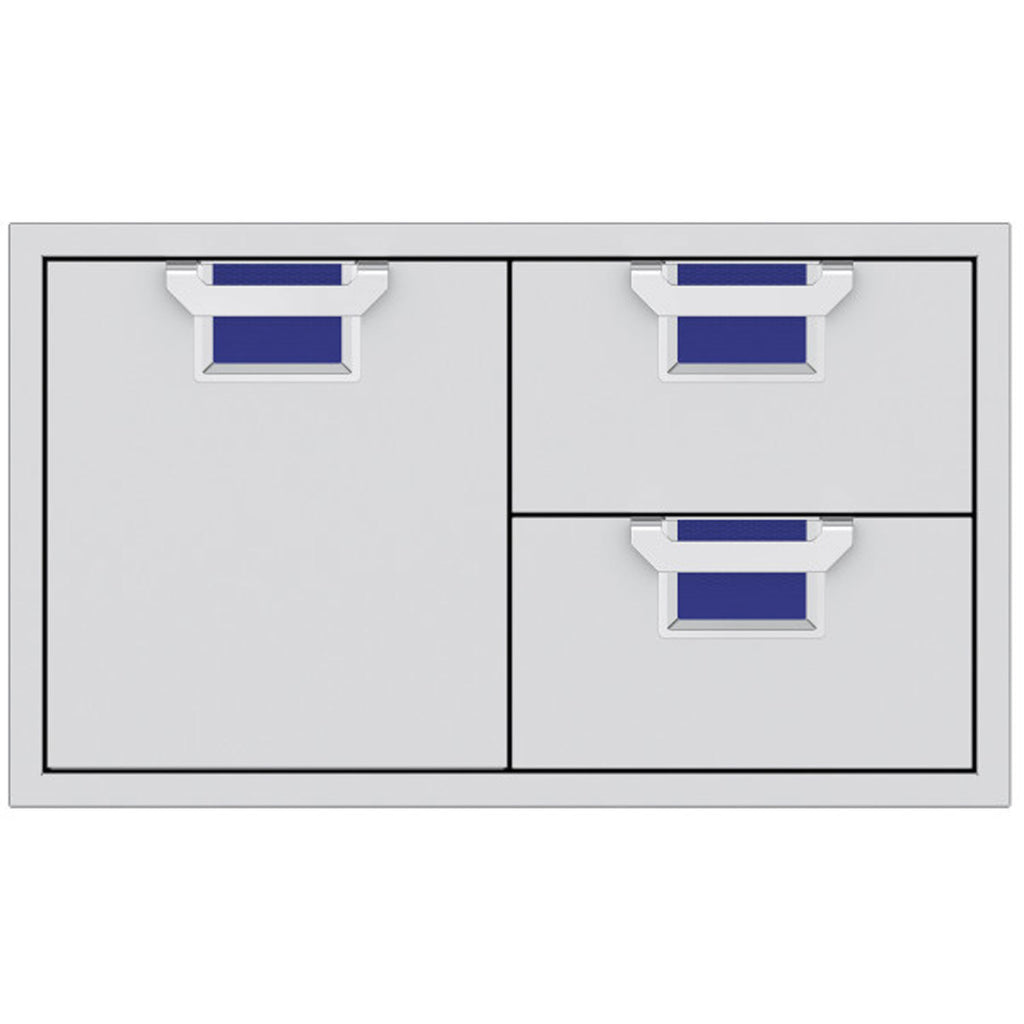 Storage drawer unit with cabinet door and two drawers, blue interiors and silver pulls