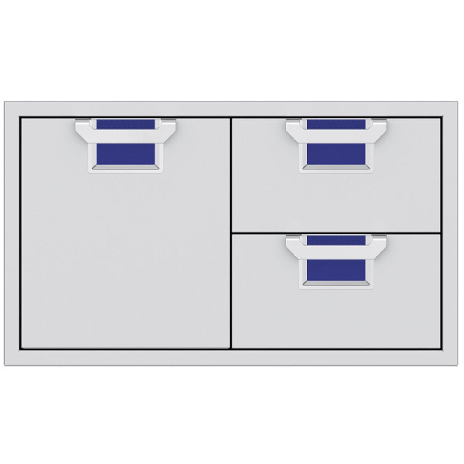 Storage drawer unit with cabinet door and two drawers, blue interiors and silver pulls