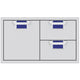 Storage drawer unit with cabinet door and two drawers, blue interiors and silver pulls