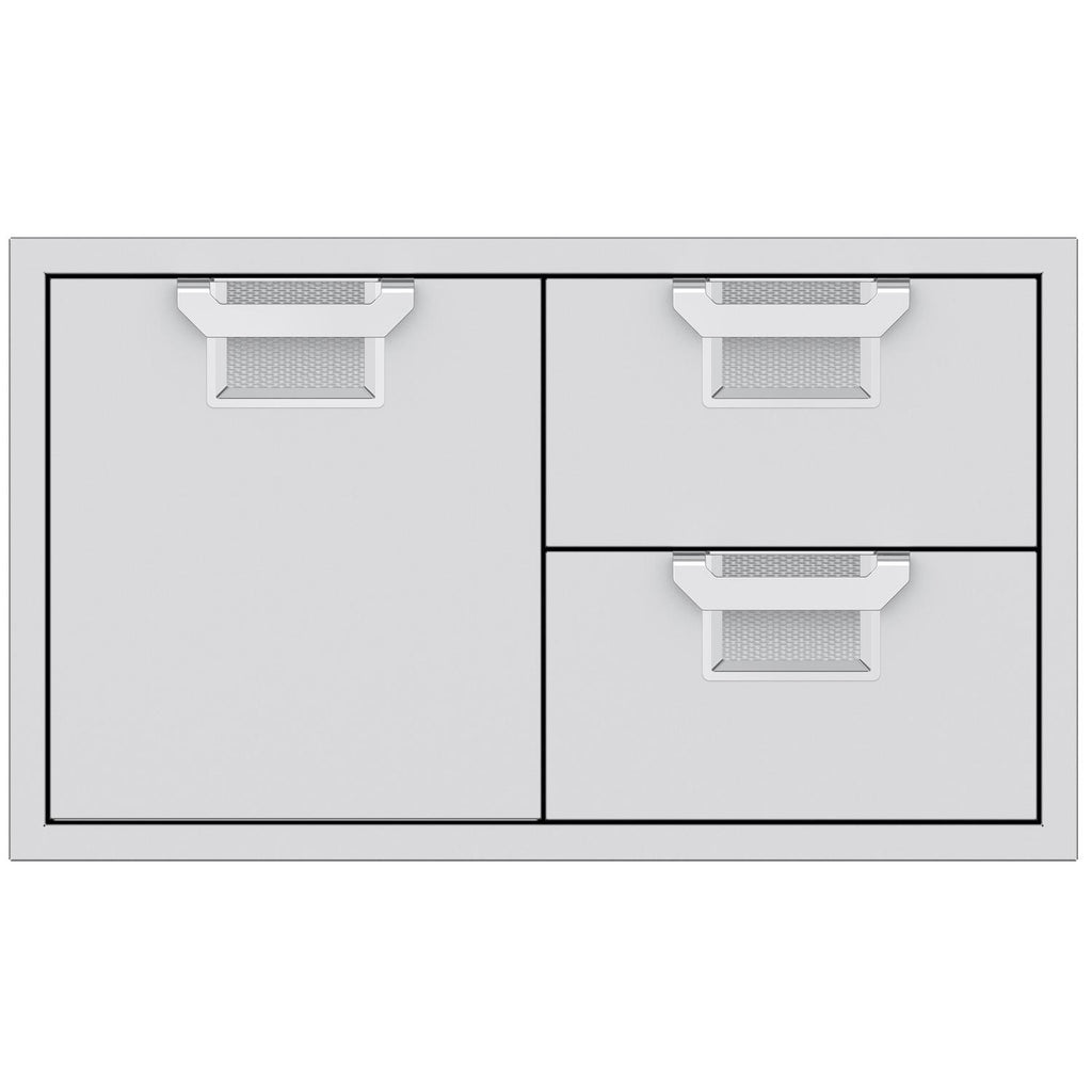 Storage drawer unit with cabinet door and two drawers, light gray drawer interiors