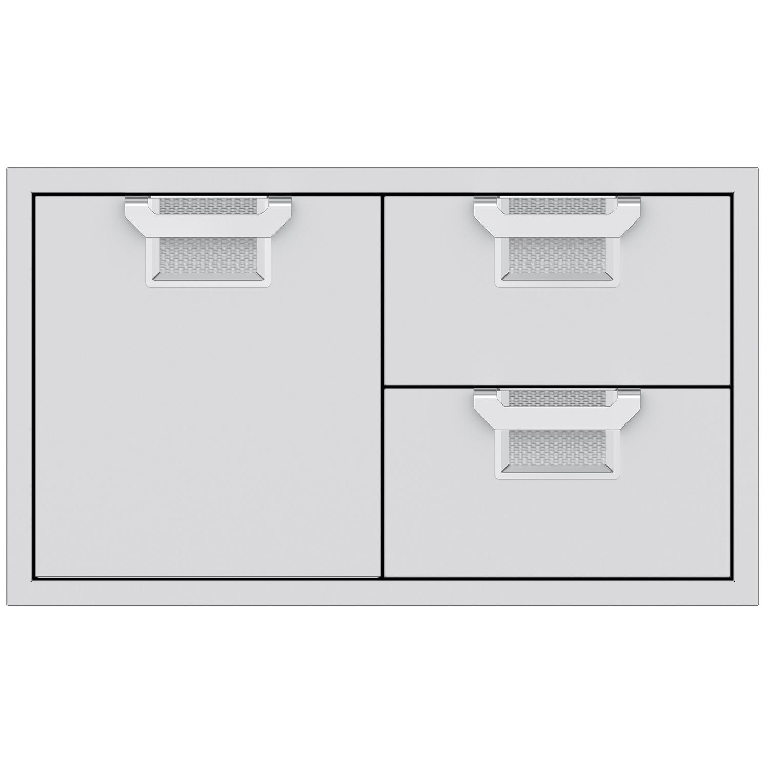 Storage drawer unit with cabinet door and two drawers, light gray drawer interiors