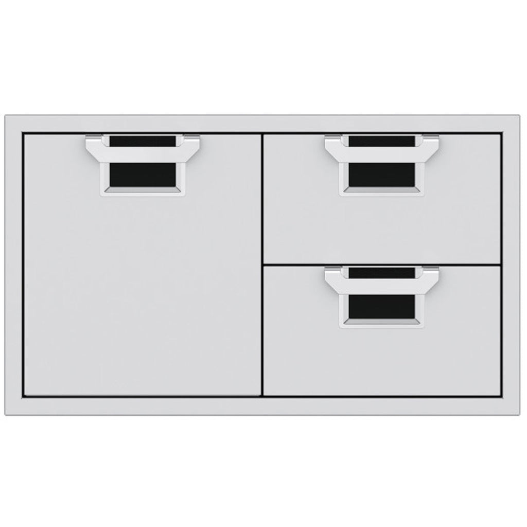 Storage drawer unit with cabinet door and two drawers, dark interiors and silver pulls