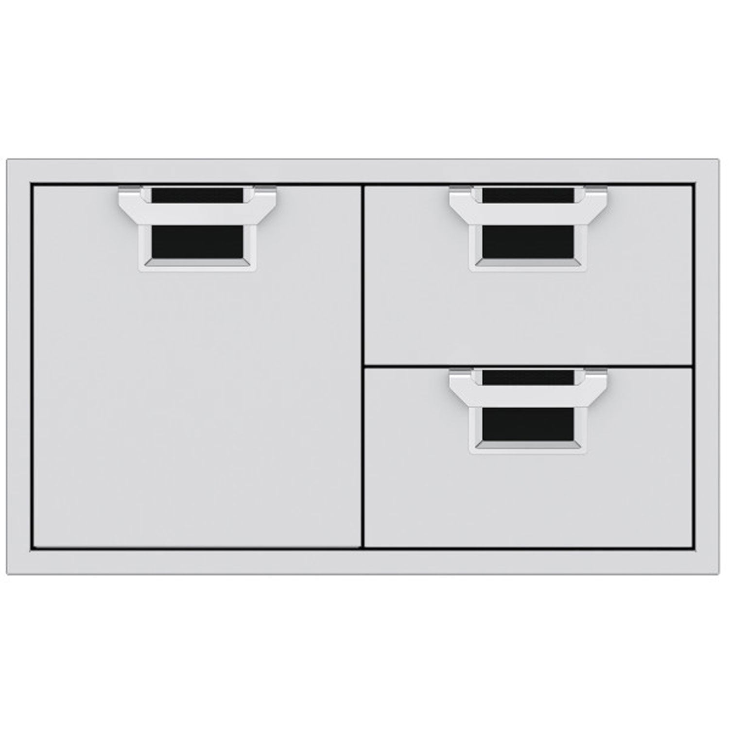Storage drawer unit with cabinet door and two drawers, dark interiors and silver pulls
