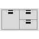 Storage drawer unit with cabinet door and two drawers, dark interiors and silver pulls