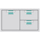 Storage drawer unit with cabinet door and two drawers, teal interiors and silver pulls