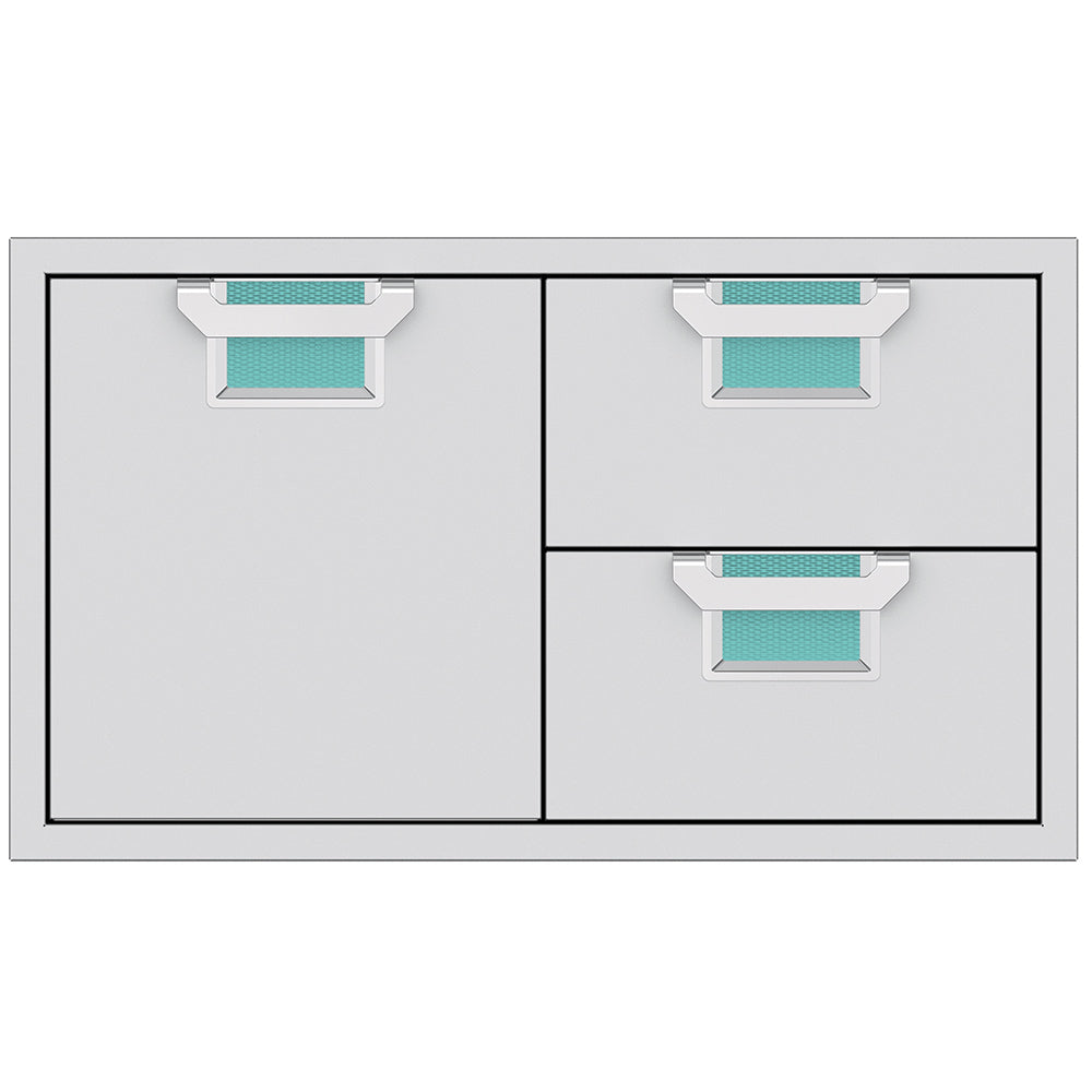 Storage drawer unit with cabinet door and two drawers, teal interiors and silver pulls