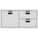 Front view of double drawer and storage door cabinet with blue drawer liners