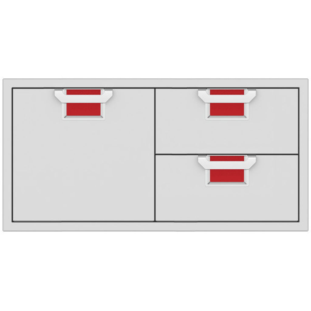 Double drawer and storage door cabinet with red drawer liners, two drawers and two doors