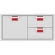 Double drawer and storage door cabinet with red drawer liners, two drawers and two doors
