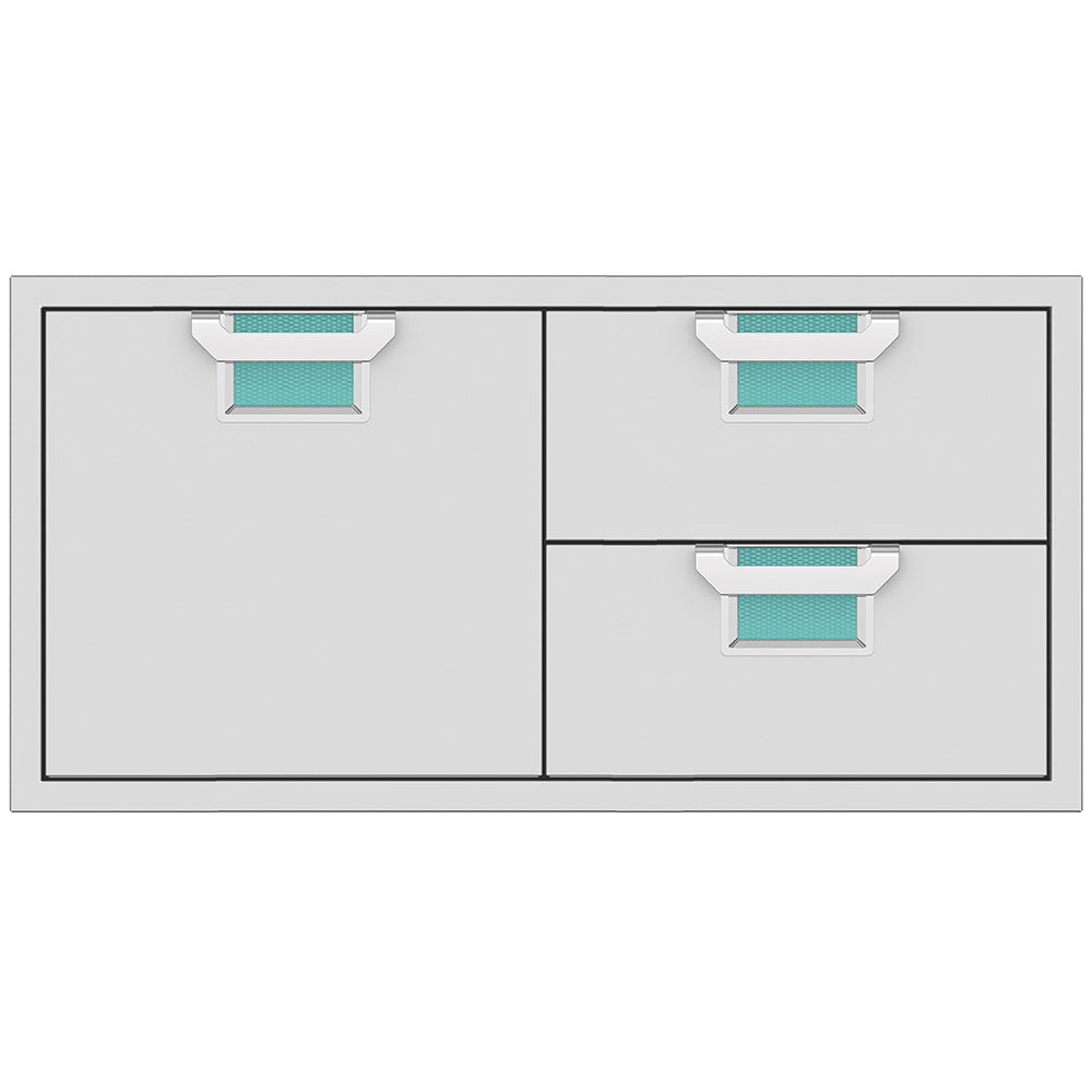 Double drawer and storage door cabinet with teal drawer liners, two drawers and two doors