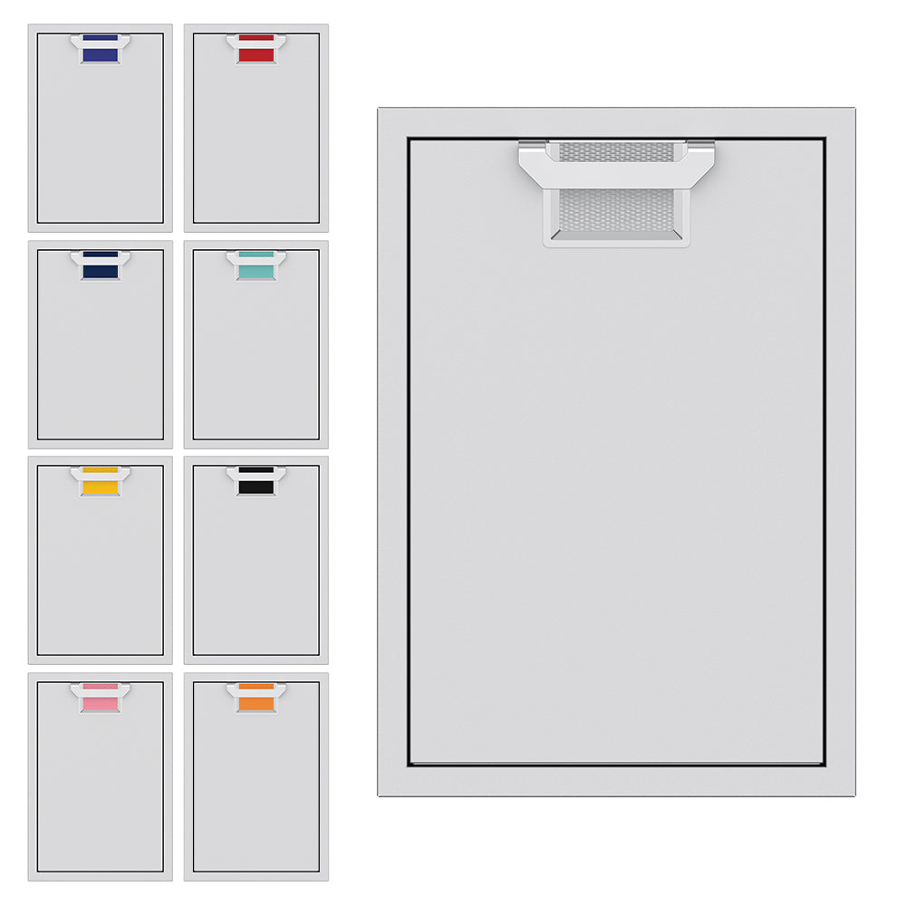 Trash storage drawer with top and lower bin, shown in multiple liner color options
