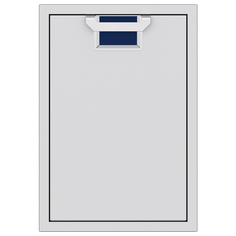 Trash storage drawer with dark blue inner bin liners and top handle insert