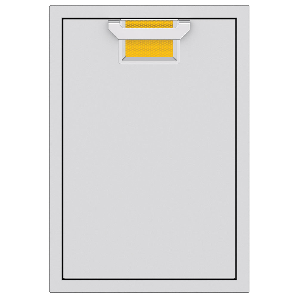 Trash storage drawer with yellow inner bin liners and top handle insert