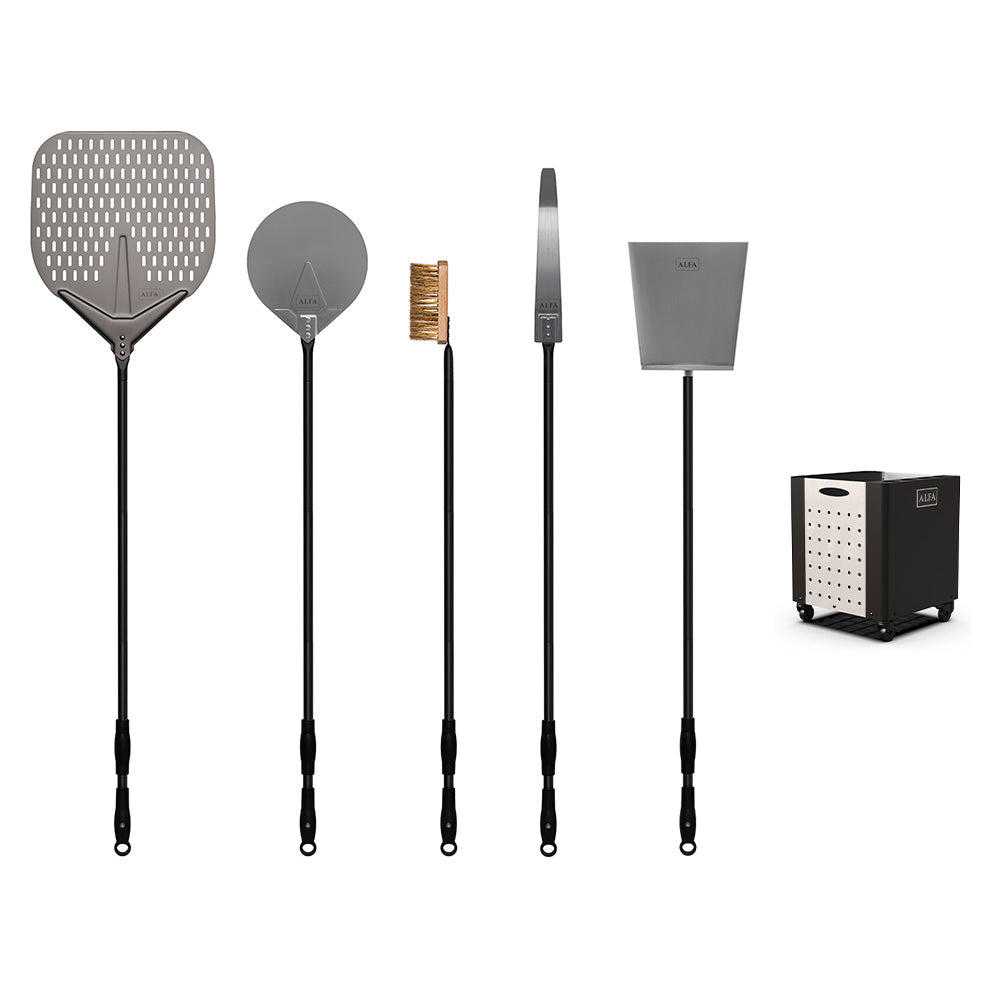 Pizza peel set with holder: perforated paddle, round peel, brush, scraper, shovel