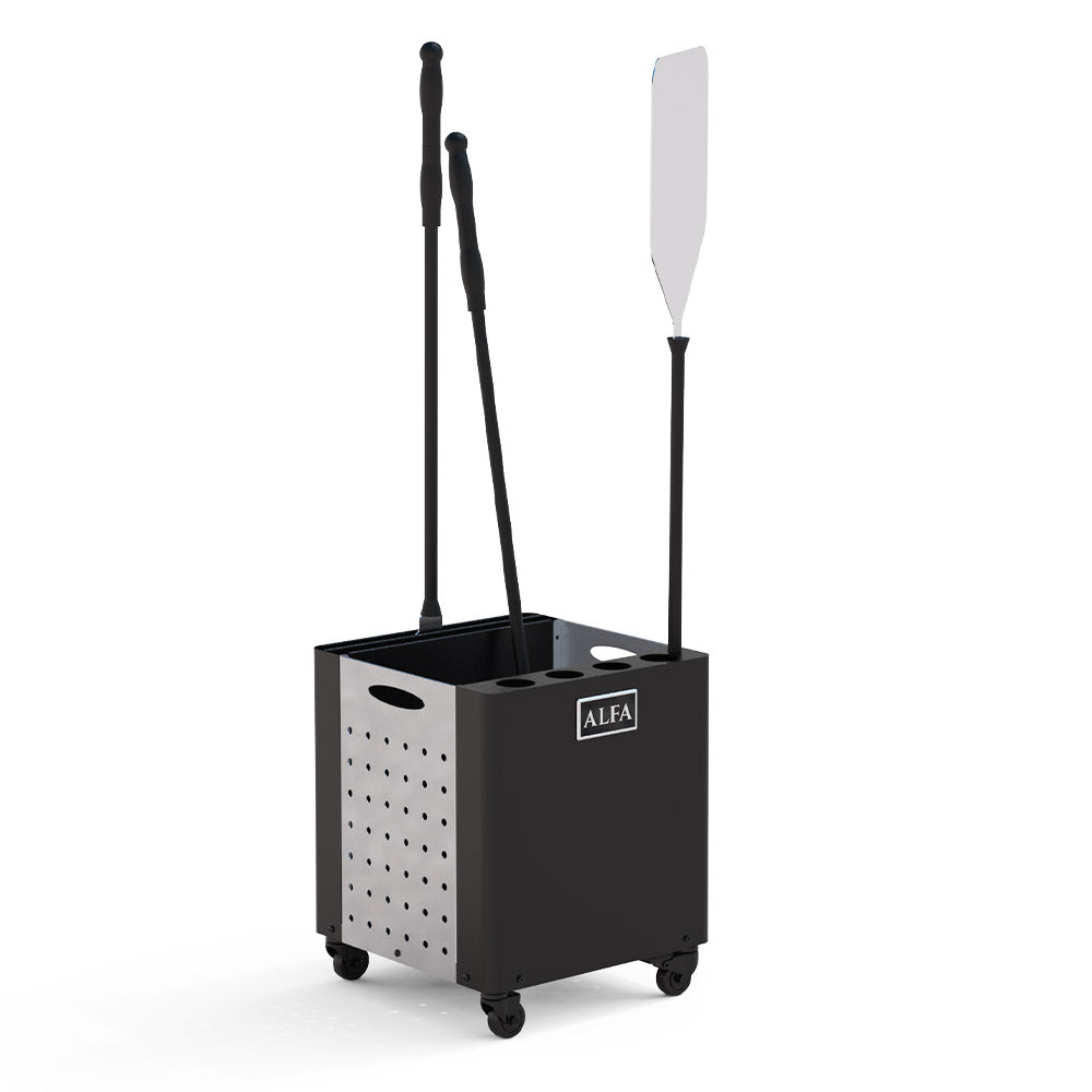Pizza peel set holder with three paddles: two black-handled tools, white peel