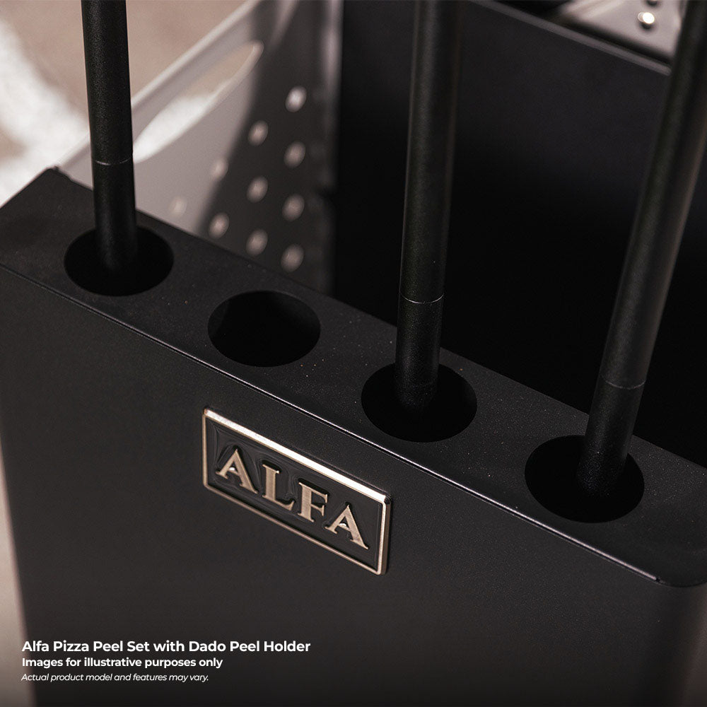 Pizza peel storage holder front with four round openings and ALFA logo