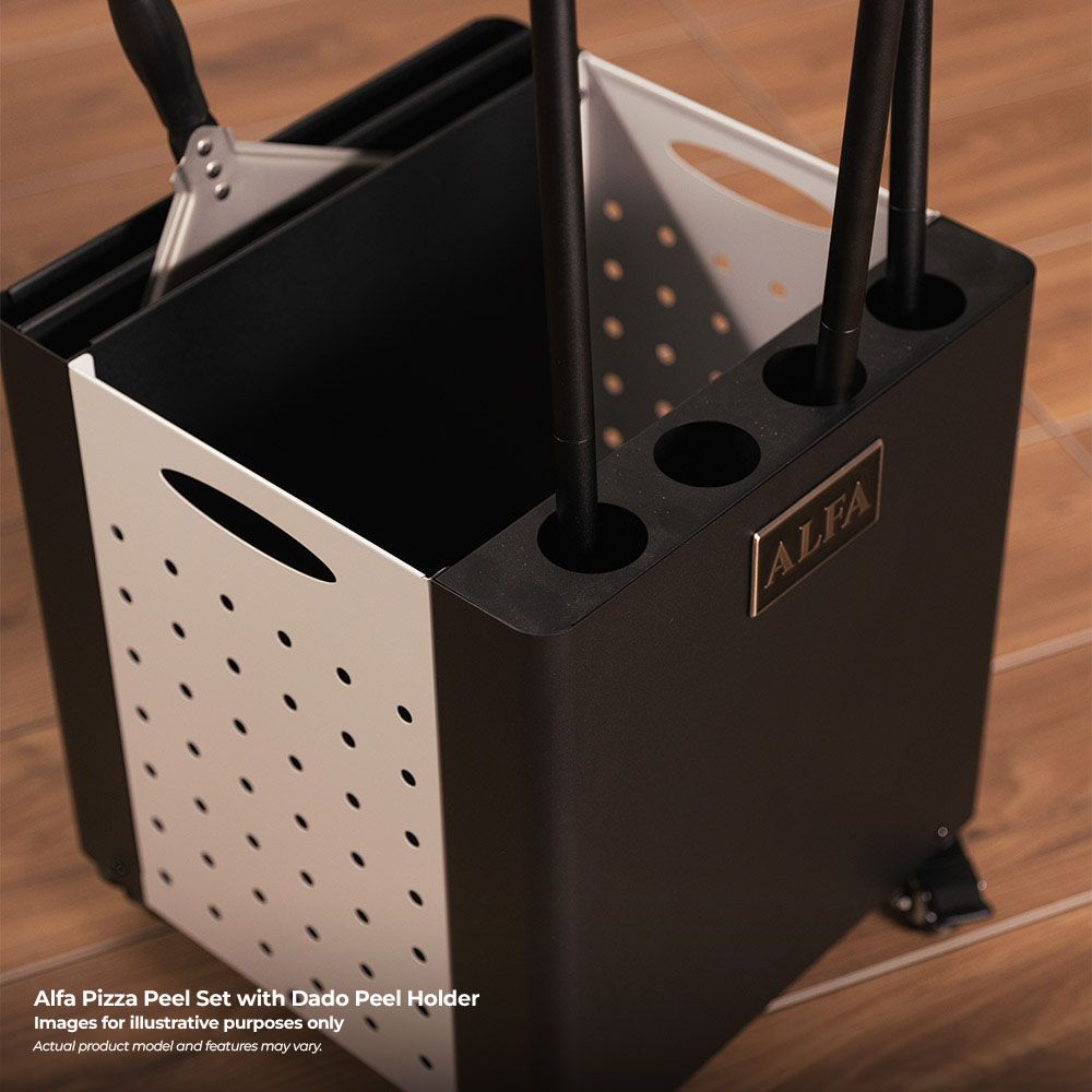 Pizza peel storage holder with perforated panel, four upright shafts, black base