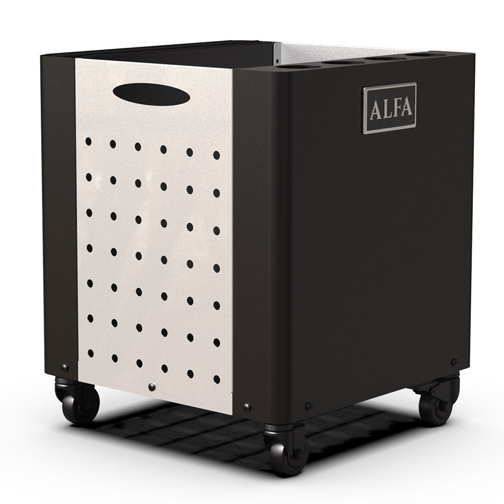 Pizza peel holder with black metal body, perforated sides, ALFA logo, caster wheels