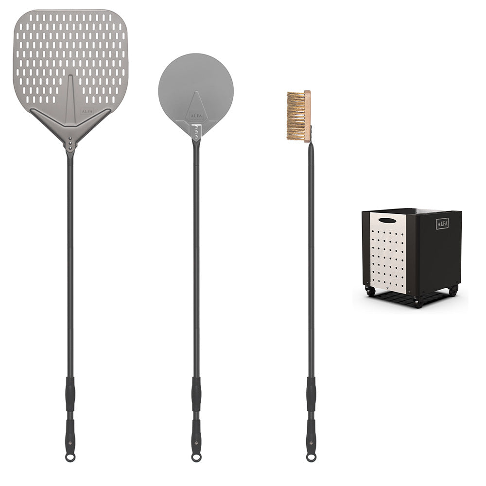 Pizza peel set with holder: perforated paddle, round peel, brush, black storage box