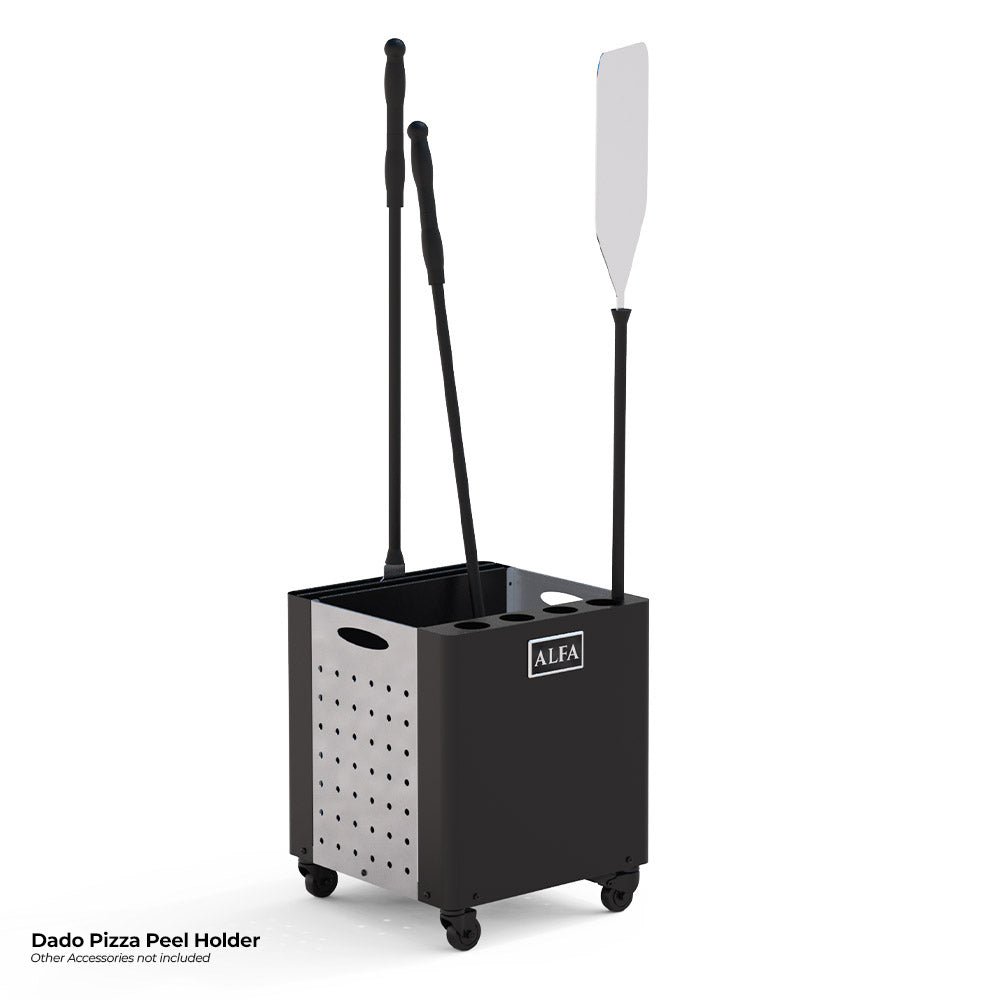 ALFA Dado pizza peel holder stand with two upright tool handles on wheels