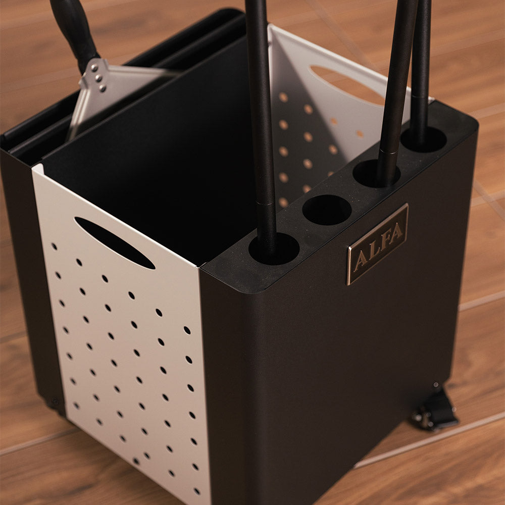 ALFA pizza peel holder with perforated side panel and round tool holders