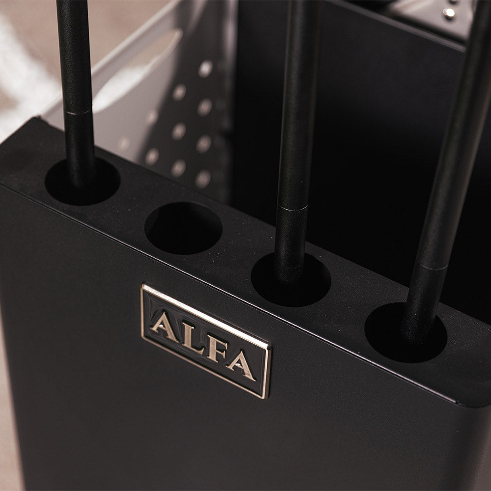 ALFA pizza peel holder with front logo and three round tool openings