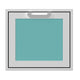 Single access door with teal solid insert in silver frame