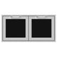 Double access doors with dark insert panels in a stainless steel frame