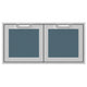 Double access doors with two square mesh panels, muted blue-gray