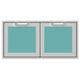 Double access doors with two square mesh panels, teal blue